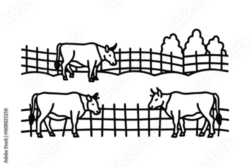 Line Art Of A Farm Fence With Grazing Cows