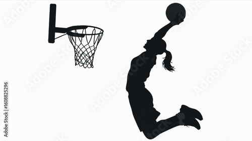 Dynamic black and white silhouette of a female basketball player executing a powerful dunk