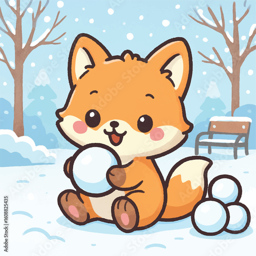 Fox playing with snowballs in winter park.eps