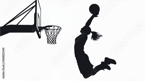 Dynamic black and white silhouette of a female basketball player executing a powerful dunk