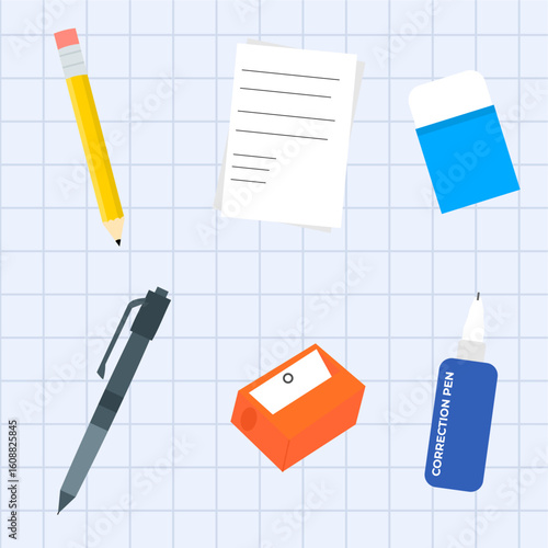 Vector illustration of a complete set of stationery: pencil, pen, eraser, sharpener, correction pen, and paper, supporting learning activities, flat art design style.
