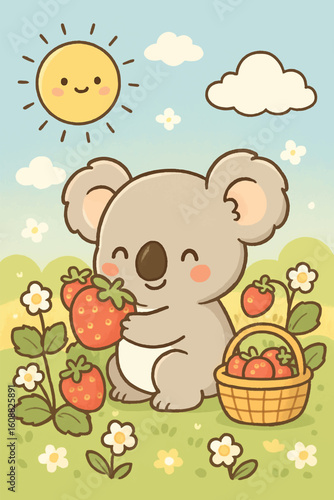 Koala picking strawberries in spring sunshine.eps