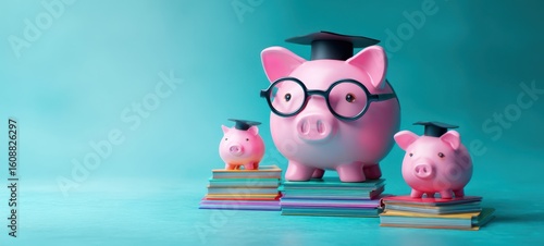 The cheerful piggy banks celebrate financial education and learning success.
