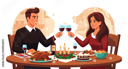 couple toasting wine at dinner table clip art preview