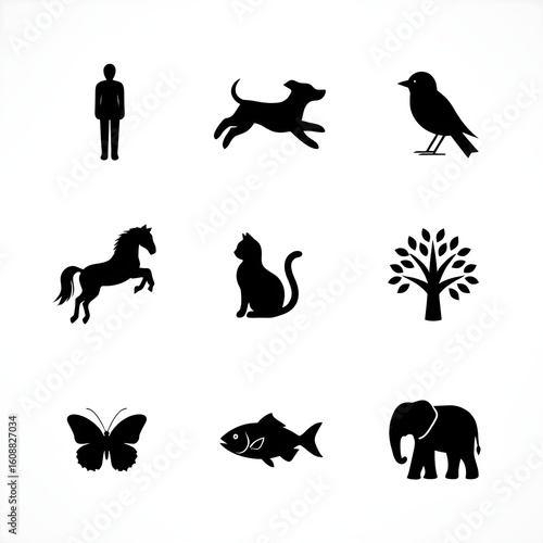 Set of Black Silhouette Icons of People and Animals on White Background