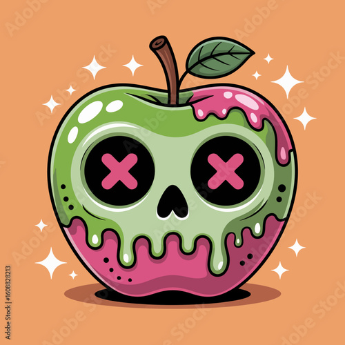 A disturbing green apple adorned with a skull and vivid paint drips, delivering a compelling blend of horror and creativity that evokes strong viewer emotions and curiosity.