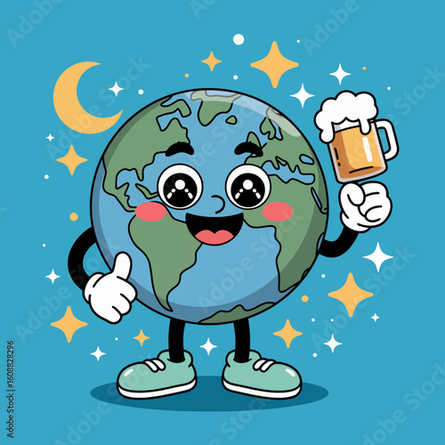 An upbeat illustration of Earth joyfully holding a beer mug, with an inviting smile and surrounded by sparkling stars, creating a spirit of celebration and joy.