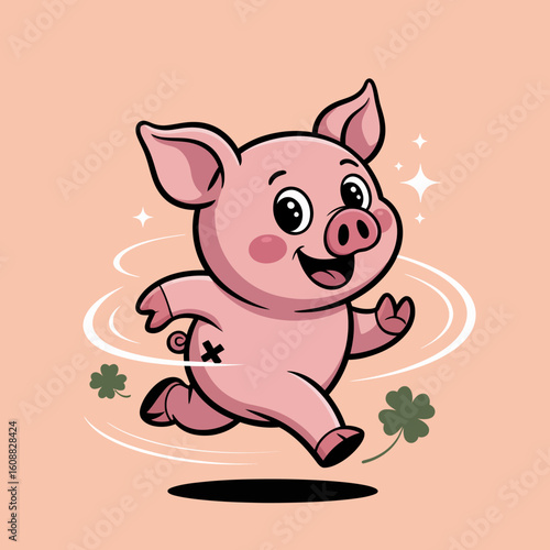 A cute piglet is joyfully whirling around in playful motion, exuding happiness and energy, set in a vibrant background, ideal for cheerful and lighthearted designs.