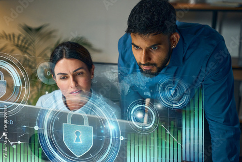 Professionals Analyzing Digital Data With Holographic Security Features Representing Cybersecurity, Online Safety, And Technology Trends In A Modern Business Environment. 