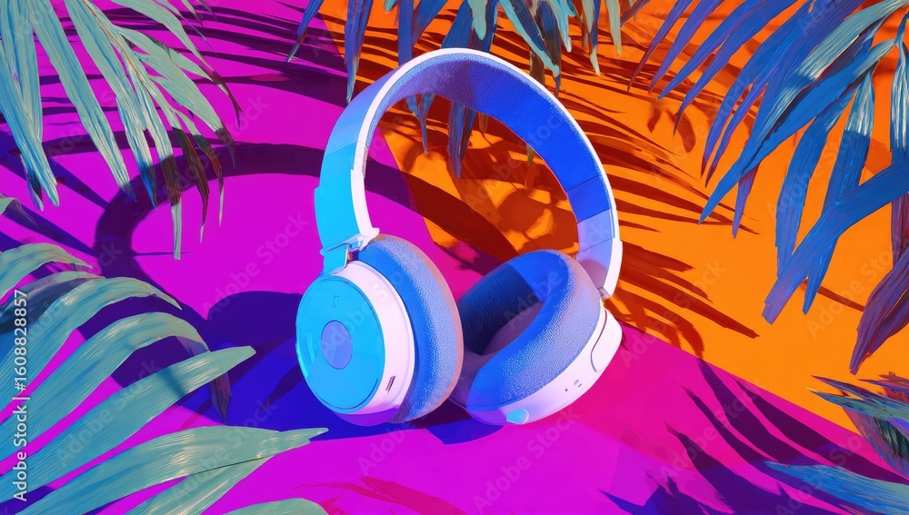 Fototapeta premium Stylish headphones nestled amongst vibrant palm leaves