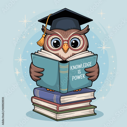 This enchanting owl character in graduation attire is reading a book with the phrase 'Knowledge is Power,' emphasizing the importance of education and learning.