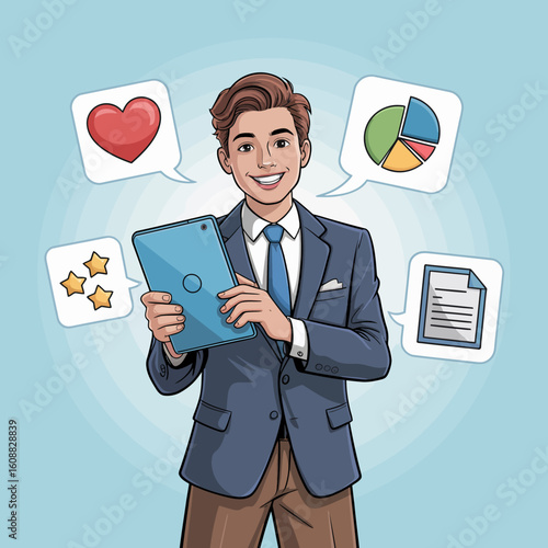 A cheerful young businessman in a suit is holding a tablet, showcasing data visuals and symbols of evaluation to convey a message of digital communication and engagement.