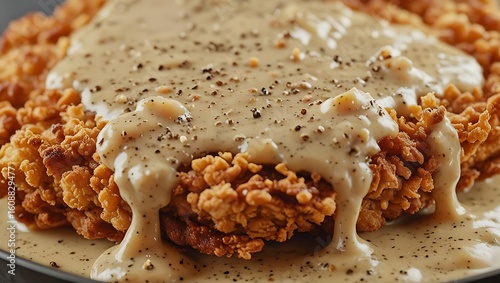 Macro Shot of Crispy Chicken Fried Steak with Creamy Peppered Country Gravy – High-Resolution Close-Up