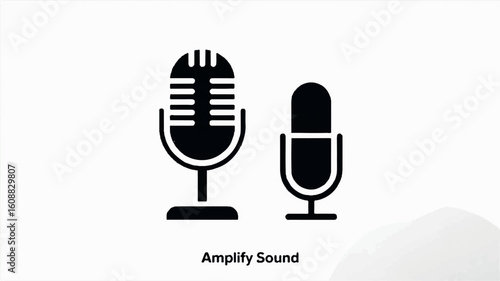Minimalist black and white icon set featuring two classic audio microphones