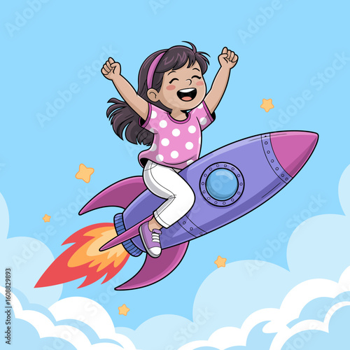 An excited girl with a wide smile flies on a bright, cartoonish rocket, capturing the essence of adventure, exploration, and the blissful moments of childhood joys and dreams.