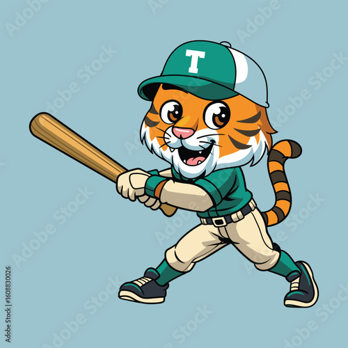 Cute cartoon Tiger in a baseball uniform holding a bat character illustration