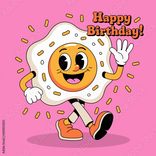 A cheerful, anthropomorphic fried egg dressed in stylish shoes and waving, purely celebrating a joyful birthday occasion with vibrant colors and playful design elements.