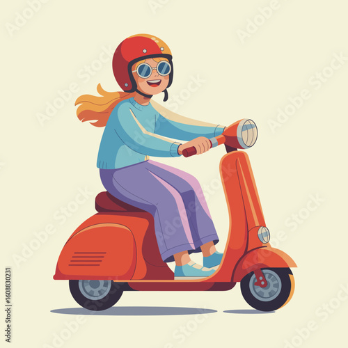 This delightful image presents a happy girl riding a red scooter, showcasing her energetic spirit and zest for life, inviting viewers on her joyful journey of exploration.