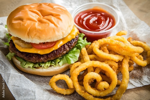 American diner style burger with curly fries, ketchup dip, vintage paper liner underneath.