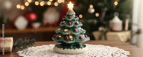 Ceramic Christmas tree with lights on a table with a blurry background.