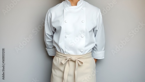 A person in a chefs uniform with a white coat and apron