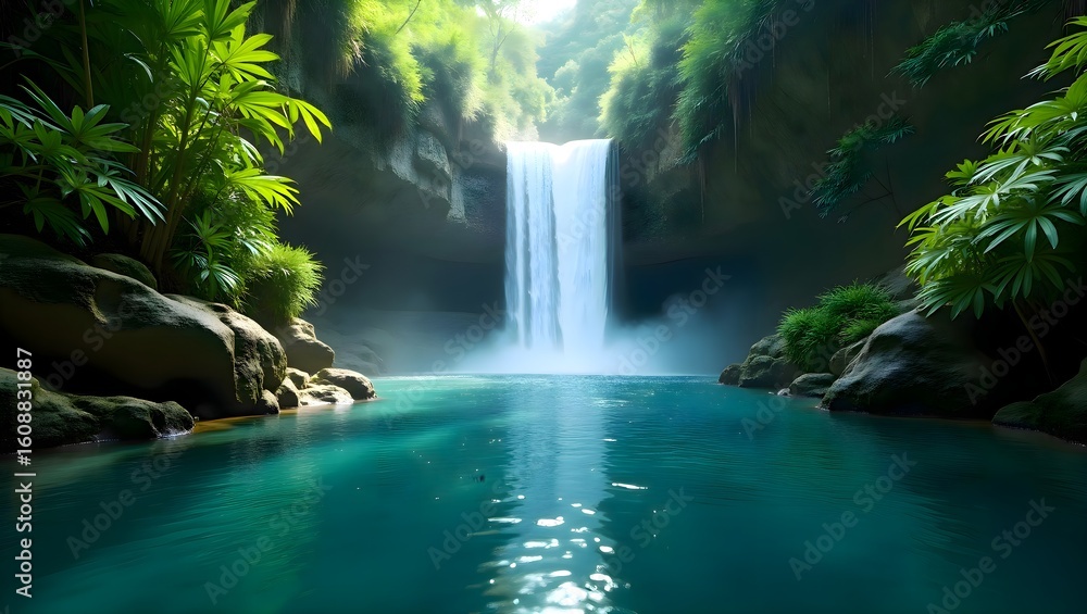 Fototapeta premium Large scenic waterfall cascading through dense green jungle vegetation in a remote tropical forest landscape