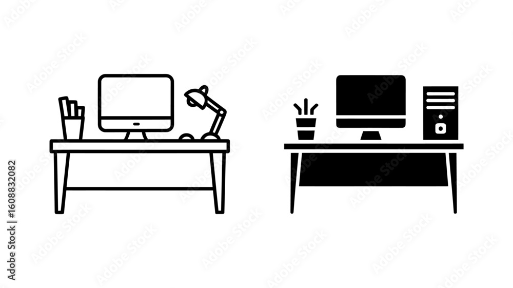 Modern Minimalist Desk Icons: Outline and Solid Style, Clean Workspace, Professional Mood Modern Minimalist Desk Icons: Outline and Solid Style, Clean Workspace, Professional Mood