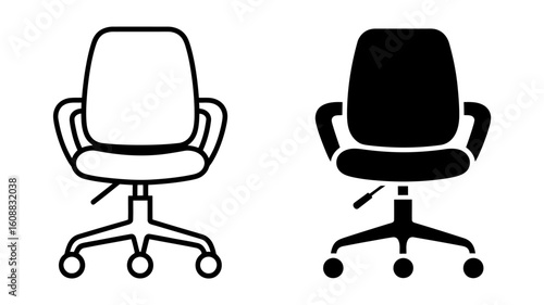 Modern Office Chair Icons: Outline and Solid Black Versions, Minimalist Design, Professional Style