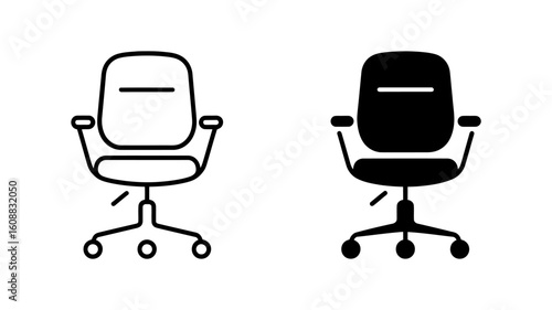 Modern Office Chair Icons: Line Art and Solid Black Versions, Minimalist Style, Professional Design.