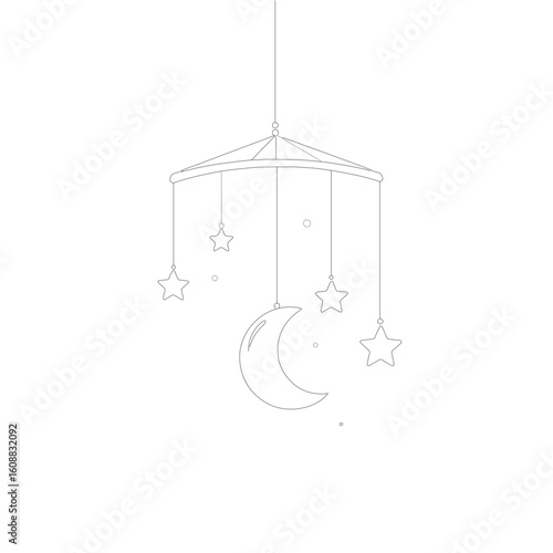 Minimalist line art of a hanging moon and stars like a baby mobile, with thin strings and gentle curves. Black ink lines