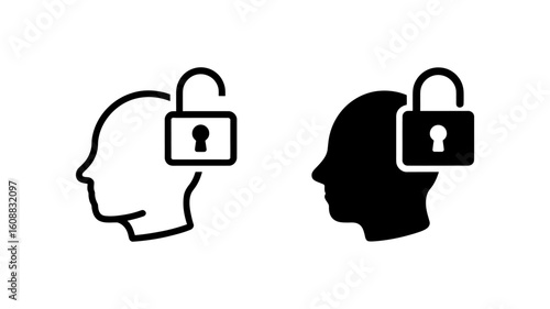 Open and Closed Mind Concepts:  Profile Icons,  Unlocked and Locked Padlock Symbols,  Black and White Minimalist Design,  Security and Privacy Vector Illustration.