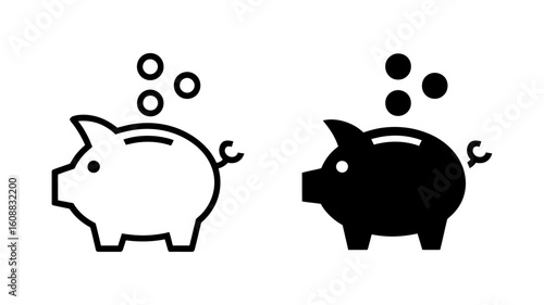 Piggy Bank Icon:  Savings, Finance, Money, Investment, Line Art, Black and White, Minimalist Design, Financial Growth