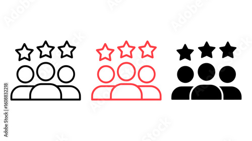 Three Person Team Five Star Rating Icon Set: Line Art, Minimalist, Professional