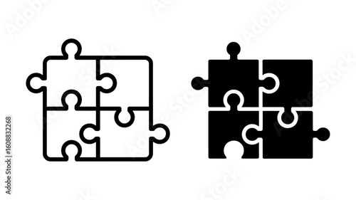 Four-Piece Jigsaw Puzzle Icons:  Black and White Line Art, Solution Concept, Teamwork Symbol