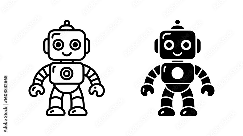 Obraz premium Friendly Robot Character: Outline and Solid Icon Set, Childlike, Playful Design