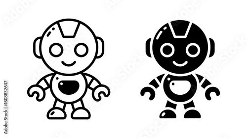 Friendly Robot Character: Outline and Solid Black Vector Icons, Childlike, Playful Design