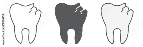 Cracked tooth icon collection, dental and stomatology, broken tooth sign vector graphics, editable stroke linear icon, eps 10