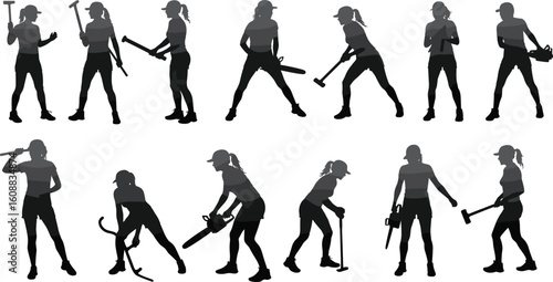 Silhouettes of women using construction tools, working, hammering, cutting, holding equipment, strong female workers, labor, DIY, power tools, builders