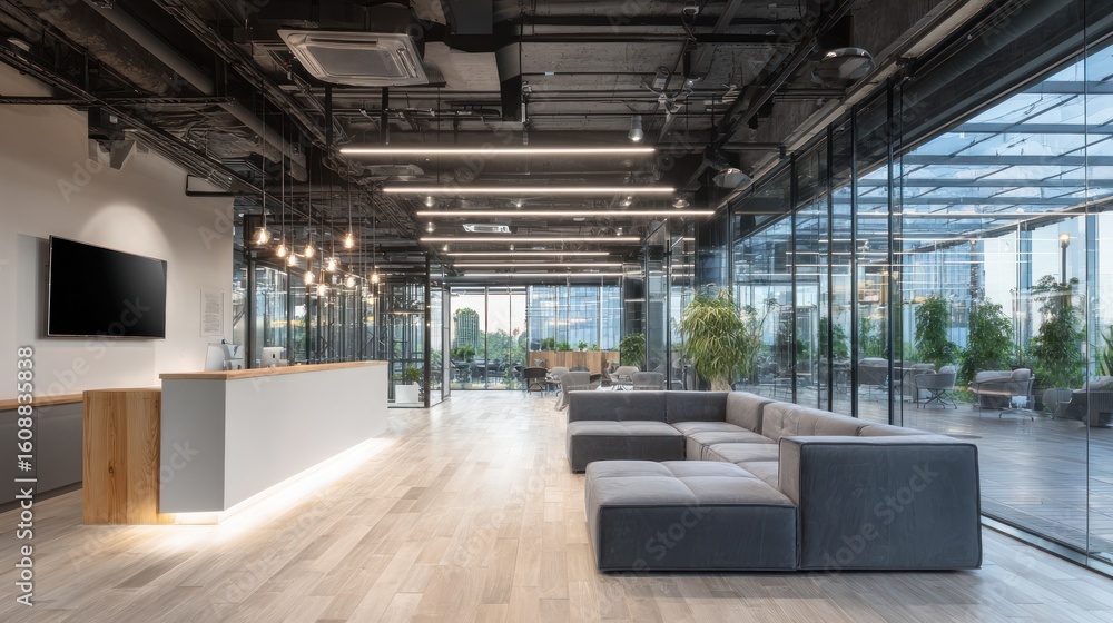 Interior shot of a modern office space featuring a reception area, seating, and large windows Interior shot of a modern office space featuring a reception area, seating, and large windows