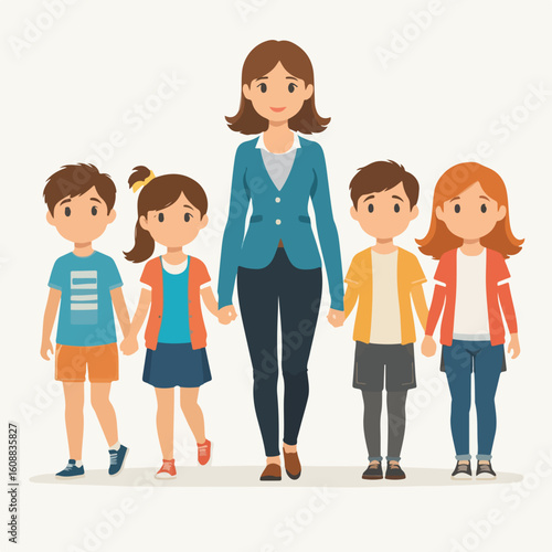 A caring female teacher holding hands with a group of four young elementary school children.
