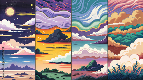 Set of beautiful skies with dramatic, soft, and colorful clouds in different times and moods. Ideal for nature backgrounds, banners, posters, wallpapers, and designs