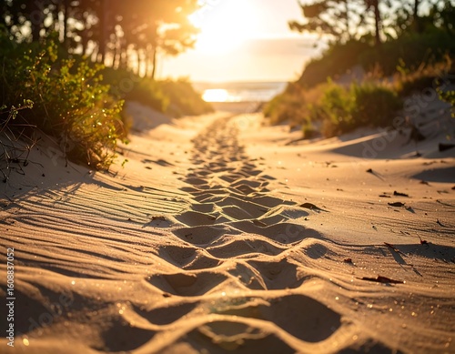 Footprints on golden sand leading towards the radiant horizon during coastal sunrise