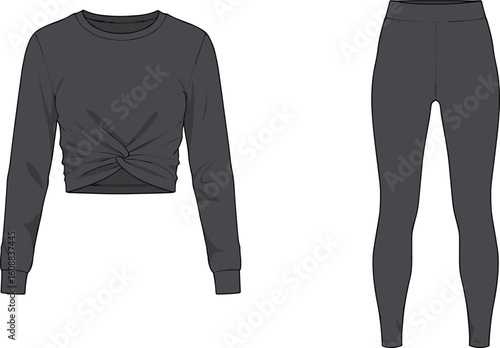 Women's Dark Grey Knotted Long Sleeve Crop Top and Leggings Activewear Set, Fashion Flat Sketch Vector for Sportswear Design and Apparel Production