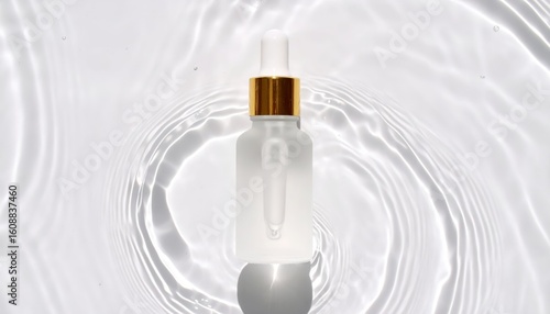 Frosted glass serum bottle with gold accent on rippled water background