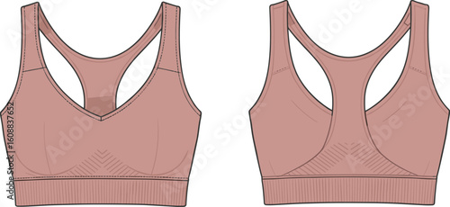 Women's Sports Bra with Racerback Design & Ribbed Hem CAD Drawing Vector Fashion Illustration - Activewear Apparel Template Front Back View