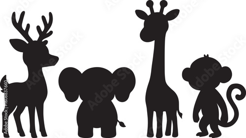 Photography set of cartoon animal deer, elephant, giraffe, monkey silhouette design vector i