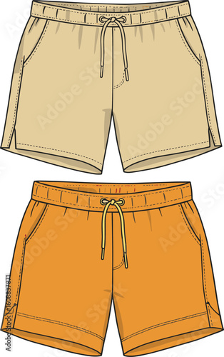 Men's Casual Drawstring Shorts with Elastic Waistband & Side Slit CAD Drawing Vector Illustration - Apparel Design Template Front View