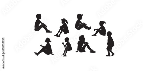 Print   Kids sitting silhouettes vector black and white illustration. Children seated in various poses from side view.