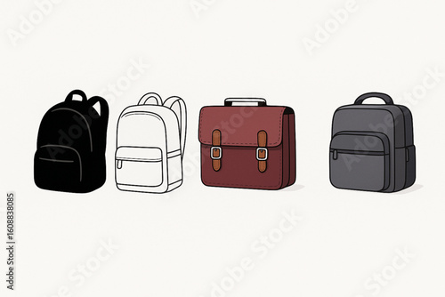Hand-drawn illustration of four bags, one black silhouette backpack, one outlined backpack, one brown briefcase, and one gray duffel, on a white background.