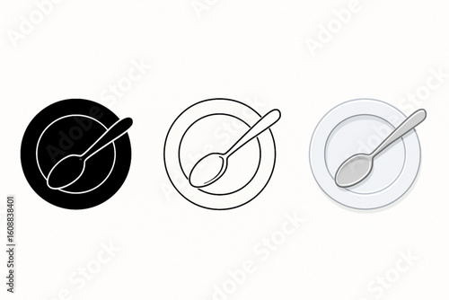 Hand-drawn illustration of three plates with spoons, one black silhouette, one outlined, and one shaded, on a white background.